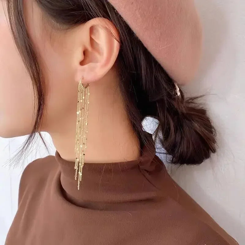 Gold Color Light Luxury Long Tassel Hoop Earrings Female Temperament Love Heart Dangle Earrings Handmade Jewelry Wedding Gift