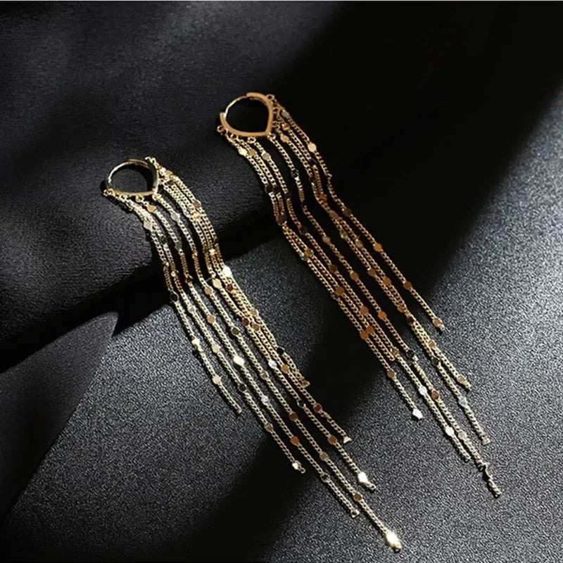 Gold Color Light Luxury Long Tassel Hoop Earrings Female Temperament Love Heart Dangle Earrings Handmade Jewelry Wedding Gift