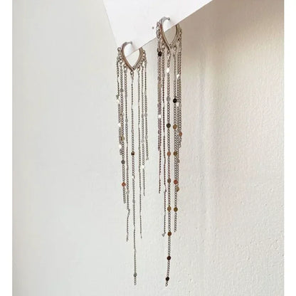 Gold Color Light Luxury Long Tassel Hoop Earrings Female Temperament Love Heart Dangle Earrings Handmade Jewelry Wedding Gift