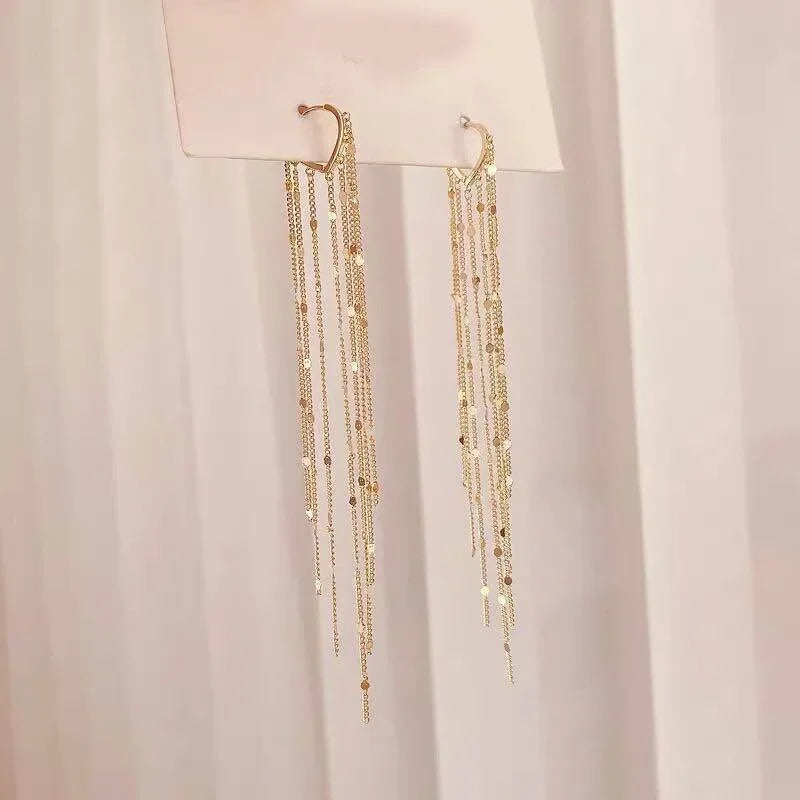 Gold Color Light Luxury Long Tassel Hoop Earrings Female Temperament Love Heart Dangle Earrings Handmade Jewelry Wedding Gift